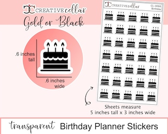CL-0066 // Birthday Planner Stickers CLEAR Black or Gold B-day Cake Transparent Stickers