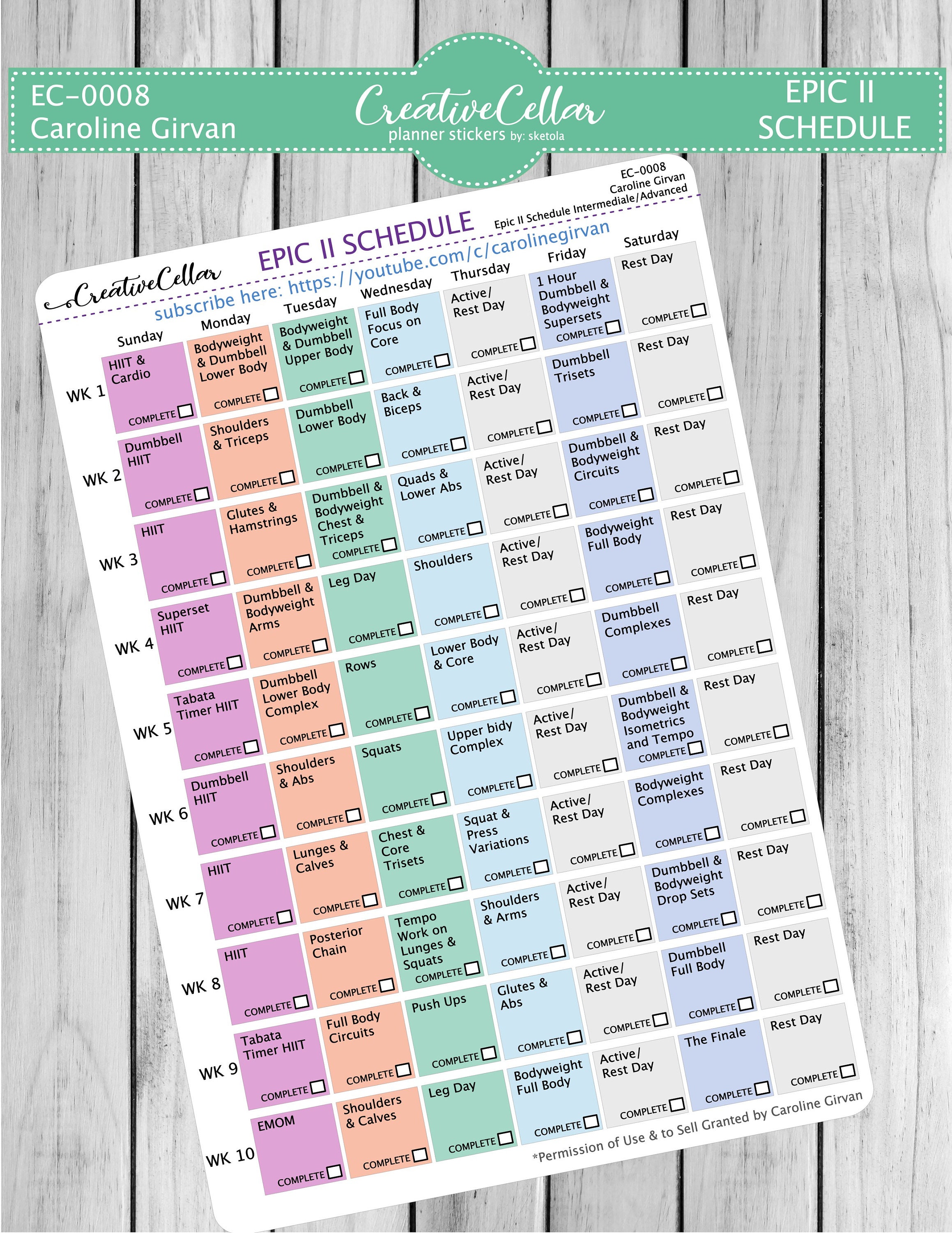 EC-0008 // Caroline Girvan EPIC II Workout Planner Stickers 