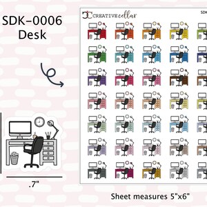 Op de afbeelding: Een vel met 24 kleurrijke stickers met een bureau met een computer, lamp, stoel en andere kantoorbenodigdheden. Het vel meet 12,7 cm bij 15,2 cm. SDK-0006 Bureau.