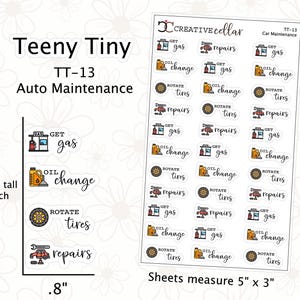 May include: A sheet of 16 car maintenance themed stickers. The stickers are 3 inches tall and 0.8 inches wide. The stickers feature illustrations of a gas pump, oil change, tire rotation, and car repairs. The stickers are white with black outlines and colorful accents. The sheet measures 5 inches by 3 inches.