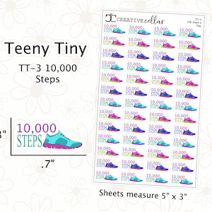 May include: A sheet of 10,000 steps stickers with colorful shoe designs. The sheet measures 5 inches by 3 inches. The text "Teeny Tiny TT-3 10,000 Steps" is printed on the sheet.