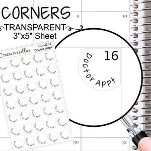 May include: A sheet of 3x5 inch transparent corner stickers with the text "Doctor Appt" and the number 16 printed on each sticker. The stickers are designed for use in a planner or calendar.