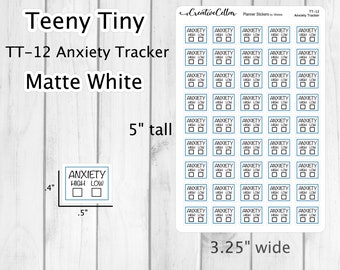 May include: A sheet of 12.7 cm by 8.3 cm matte white planner stickers with 25 individual stickers. Each sticker is a square with a blue border and says "Anxiety High Low" with two checkboxes.