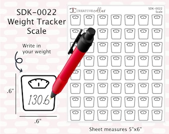 May include: A sheet of 60 weight tracker stickers featuring a simple outline of a scale. The sheet measures 5 inches by 6 inches. The stickers are designed to be used for tracking weight loss or weight gain.  Write in your weight on the scale stickers.