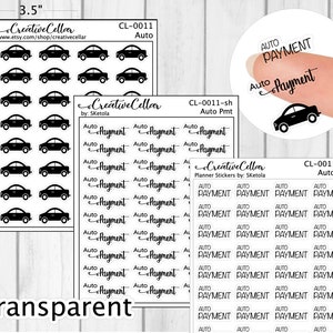 Pode incluir: Uma folha de adesivos transparentes para planejador com um carro e as palavras "Auto Payment" impressas neles. Os adesivos medem 8,9 cm por 11,4 cm.