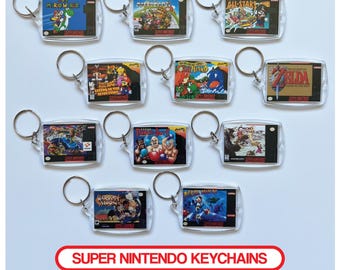 Miniature SNES Video Game Case Art Keychain | Retro Gamer Keychain Keyring | Birthday Party Favor Bags | Gamer Gift | Stocking Stuffer Gift