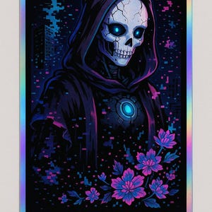 Adesivo holográfico de carta de tarô da morte - Estética do Ceifador cibernético, arte de esqueleto floral gótico, adesivo/decalque de vinil de tarô holográfico