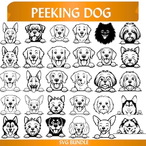 Op de afbeelding: Zwart-wit illustraties van verschillende hondenrassen met diverse uitdrukkingen. De tekst "PEEKING DOG" staat bovenaan en "SVG BUNDLE" onderaan. De honden kijken over een horizontale lijn.
