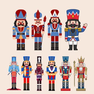K&ouml;nnte beinhalten: Zehn farbenfrohe Illustrationen von Nussknacker-Soldaten. Jede Figur wird in stehender Position dargestellt und tr&auml;gt eine einzigartige Uniform mit verschiedenen Farben wie Rot, Blau, Gold und Schwarz. Sie haben Schnurrb&auml;rte und H&uuml;te.