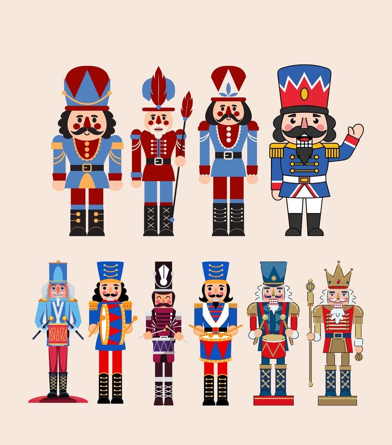 K&ouml;nnte beinhalten: Zehn farbenfrohe Illustrationen von Nussknacker-Soldaten. Jede Figur wird in stehender Position dargestellt und tr&auml;gt eine einzigartige Uniform mit verschiedenen Farben wie Rot, Blau, Gold und Schwarz. Sie haben Schnurrb&auml;rte und H&uuml;te.