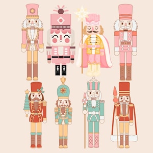 K&ouml;nnte beinhalten: Illustration von acht dekorativen Nussknackern in verschiedenen Farben. Die Nussknacker sind in Rosa-, Rot-, Gr&uuml;n- und Goldt&ouml;nen gehalten und verf&uuml;gen &uuml;ber detaillierte Uniformen und Accessoires. Einige halten St&auml;be oder Weihnachtsb&auml;ume.