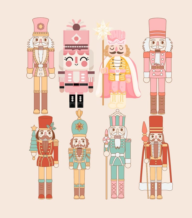 K&ouml;nnte beinhalten: Illustration von acht dekorativen Nussknackern in verschiedenen Farben. Die Nussknacker sind in Rosa-, Rot-, Gr&uuml;n- und Goldt&ouml;nen gehalten und verf&uuml;gen &uuml;ber detaillierte Uniformen und Accessoires. Einige halten St&auml;be oder Weihnachtsb&auml;ume.