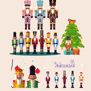K&ouml;nnte beinhalten: Illustrationen von farbenfrohen Nussknacker-Soldaten. Das Bild zeigt verschiedene Designs, darunter einen Weihnachtsbaum, Geschenkboxen und das Wort "Nutcracker". Die Nussknacker sind in den Farbt&ouml;nen Rosa, Blau, Braun, Gr&uuml;n, Gelb und Rot gehalten.