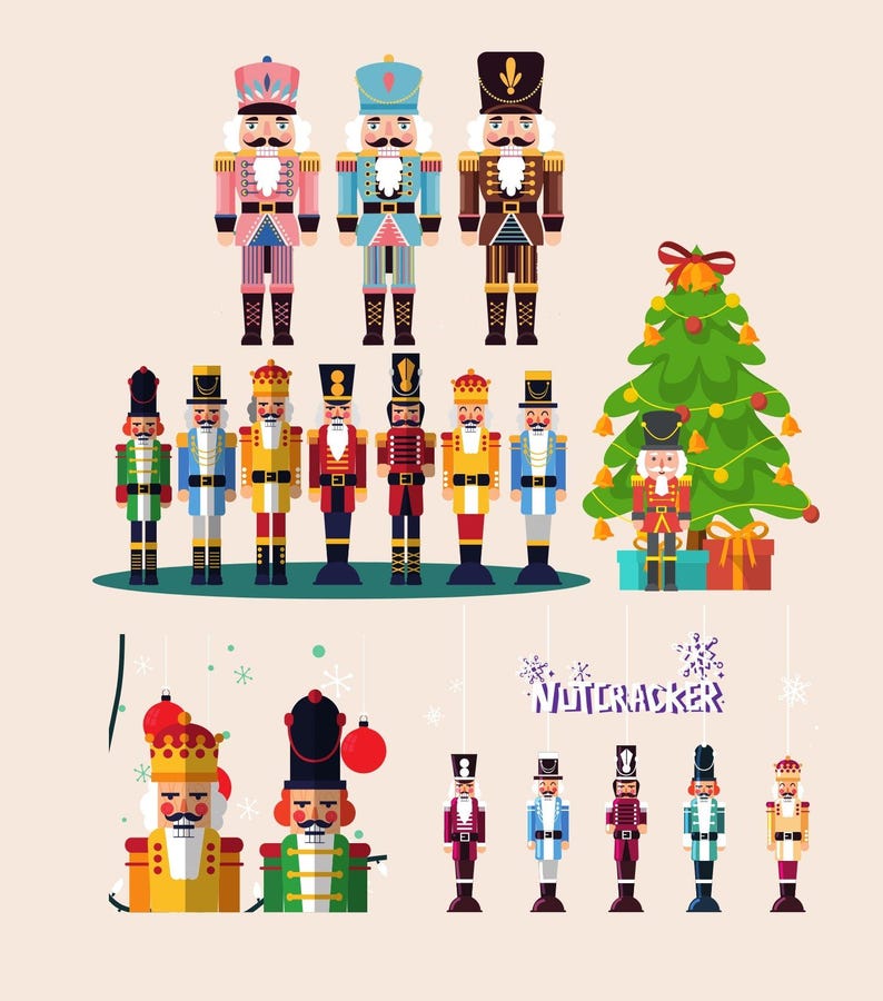 K&ouml;nnte beinhalten: Illustrationen von farbenfrohen Nussknacker-Soldaten. Das Bild zeigt verschiedene Designs, darunter einen Weihnachtsbaum, Geschenkboxen und das Wort "Nutcracker". Die Nussknacker sind in den Farbt&ouml;nen Rosa, Blau, Braun, Gr&uuml;n, Gelb und Rot gehalten.