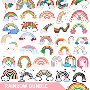 Puede incluir: Una colección de ilustraciones de arcoíris coloridos en varios estilos. Algunos arcoíris tienen nubes, flores y corazones. El texto "RAINBOW BUNDLE" está en la parte inferior, junto con información del tipo de archivo.