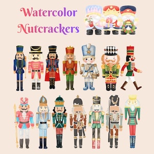 K&ouml;nnte beinhalten: Aquarellillustration verschiedener Nussknacker in verschiedenen Farben. Das Bild zeigt Nussknacker in blauen, roten, gr&uuml;nen und goldenen Uniformen. Der Text "Watercolor Nutcrackers" befindet sich oben im Bild.