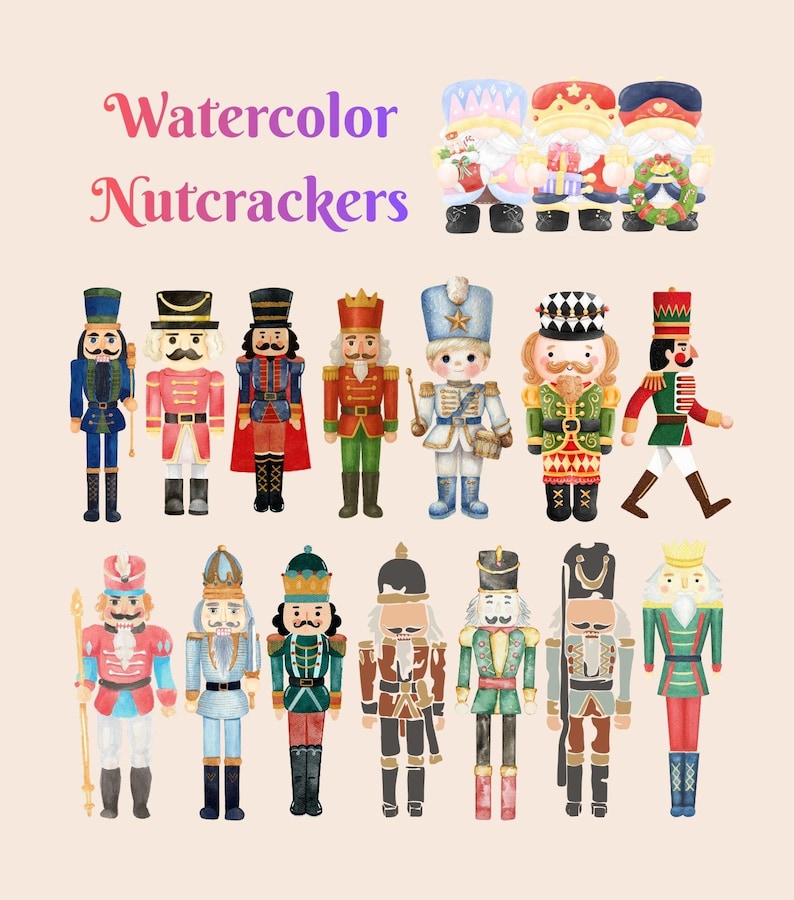 K&ouml;nnte beinhalten: Aquarellillustration verschiedener Nussknacker in verschiedenen Farben. Das Bild zeigt Nussknacker in blauen, roten, gr&uuml;nen und goldenen Uniformen. Der Text "Watercolor Nutcrackers" befindet sich oben im Bild.