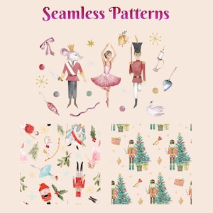 K&ouml;nnte beinhalten: Aquarellillustrationen nahtloser Muster mit Nussknacker-Charakteren, einer Ballerina und Weihnachtsb&auml;umen. Der Text "Seamless Patterns" ist in Schreibschrift dargestellt. Die Farbpalette umfasst Rot, Rosa, Gold und Gr&uuml;n.