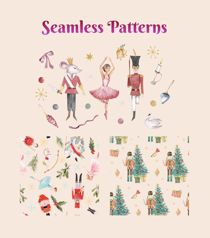 K&ouml;nnte beinhalten: Aquarellillustrationen nahtloser Muster mit Nussknacker-Charakteren, einer Ballerina und Weihnachtsb&auml;umen. Der Text "Seamless Patterns" ist in Schreibschrift dargestellt. Die Farbpalette umfasst Rot, Rosa, Gold und Gr&uuml;n.