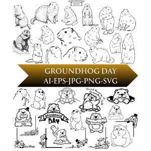 May include: A selection of black and white groundhog illustrations. The image includes groundhogs in different poses, some holding signs. The text "GROUNDHOG DAY" is visible. The image is suitable for Groundhog Day.