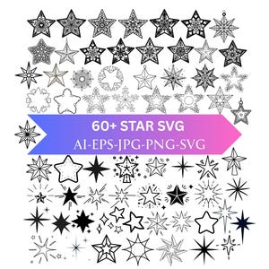 Puede incluir: Una colección de más de 60 diseños en forma de estrella en blanco y negro. Las estrellas varían en estilo, incluyendo patrones detallados, formas sólidas y diseños delineados. El texto en una pancarta dice "60+ STAR SVG" y tipos de archivo.