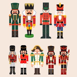 K&ouml;nnte beinhalten: Illustration von neun Nussknacker-Soldaten in verschiedenen Uniformen. Die Figuren weisen eine Reihe von Farben auf, darunter Rot, Gr&uuml;n und Gold, mit detaillierten Gesichtsmerkmalen und H&uuml;ten. Sie sind vor einem hellbeigen Hintergrund angeordnet.