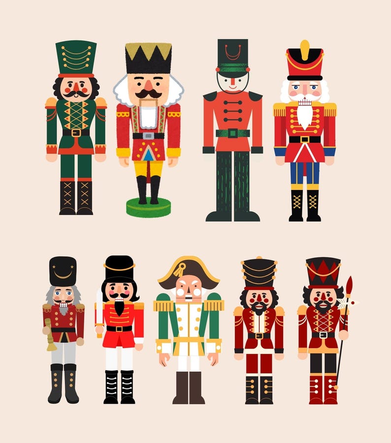 K&ouml;nnte beinhalten: Illustration von neun Nussknacker-Soldaten in verschiedenen Uniformen. Die Figuren weisen eine Reihe von Farben auf, darunter Rot, Gr&uuml;n und Gold, mit detaillierten Gesichtsmerkmalen und H&uuml;ten. Sie sind vor einem hellbeigen Hintergrund angeordnet.