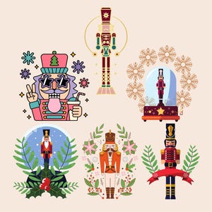 K&ouml;nnte beinhalten: Eine Sammlung von sechs farbenfrohen Illustrationen von Nussknackern in verschiedenen Designs. Ein Nussknacker tr&auml;gt eine Sonnenbrille und h&auml;lt ein Getr&auml;nk. Weitere Designs sind eine Schneekugel und ein Nussknacker mit rotem Band. Der Hintergrund ist hellbeige.