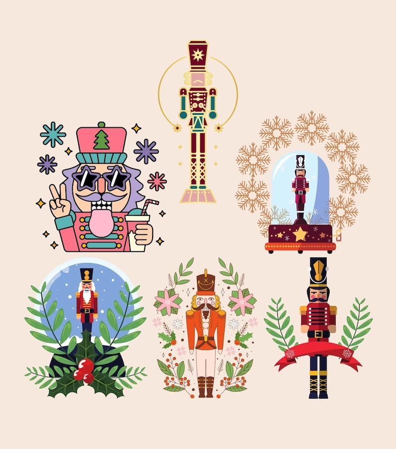 K&ouml;nnte beinhalten: Eine Sammlung von sechs farbenfrohen Illustrationen von Nussknackern in verschiedenen Designs. Ein Nussknacker tr&auml;gt eine Sonnenbrille und h&auml;lt ein Getr&auml;nk. Weitere Designs sind eine Schneekugel und ein Nussknacker mit rotem Band. Der Hintergrund ist hellbeige.