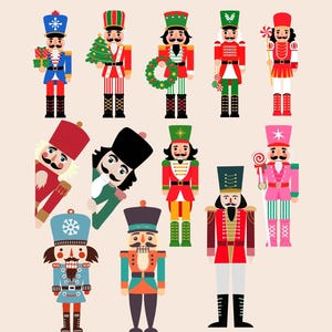 K&ouml;nnte beinhalten: Eine Sammlung farbenfroher Nussknacker-Soldaten-Illustrationen. Jede Figur ist einzigartig gestaltet und h&auml;lt Gegenst&auml;nde wie Geschenke, Kr&auml;nze und Zuckerstangen. Die Nussknacker tragen verschiedene Uniformen in Rot, Blau, Gr&uuml;n und Rosa mit schwarzen Stiefeln und H&uuml;ten.