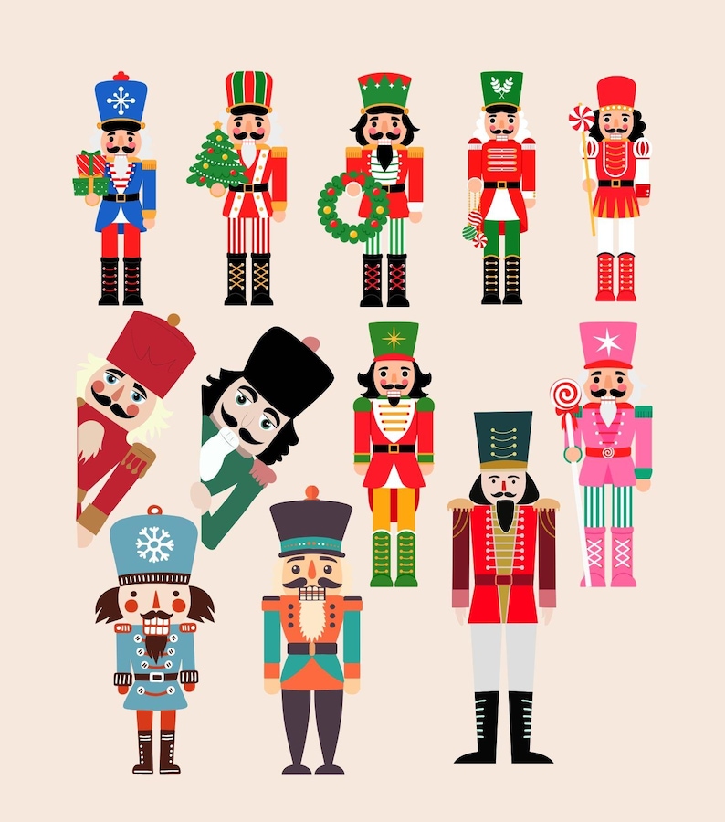 K&ouml;nnte beinhalten: Eine Sammlung farbenfroher Nussknacker-Soldaten-Illustrationen. Jede Figur ist einzigartig gestaltet und h&auml;lt Gegenst&auml;nde wie Geschenke, Kr&auml;nze und Zuckerstangen. Die Nussknacker tragen verschiedene Uniformen in Rot, Blau, Gr&uuml;n und Rosa mit schwarzen Stiefeln und H&uuml;ten.
