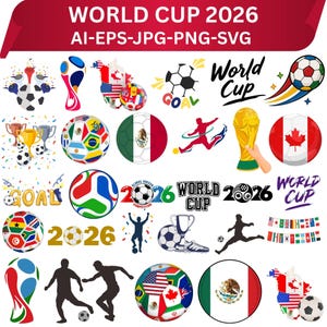 以下が含まれることがあります： 2026年ワールドカップのデジタルグラフィックコレクション。サッカーボール、トロフィー、選手のシルエット、国旗、テキスト要素が含まれています。デザインには、サッカー大会に関連する様々なカラフルなイラスト、エンブレム、タイポグラフィが含まれています。