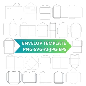 Può includere: Una collezione di modelli di buste in varie forme e dimensioni, delineati in nero su sfondo bianco. L'immagine include un banner verde e blu con il testo "ENVELOPE TEMPLATE PNG-SVG-AI-JPG-EPS".