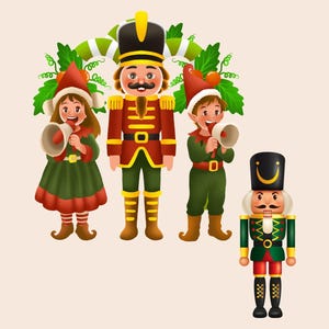 K&ouml;nnte beinhalten: Illustration von vier Weihnachts-Nussknackern. Die zentrale Figur ist ein gro&szlig;er Nussknacker in roter und goldener Uniform, flankiert von zwei Figuren in gr&uuml;nen und roten Elfenkost&uuml;men, die Megaphone halten. Rechts steht ein kleinerer Nussknacker.