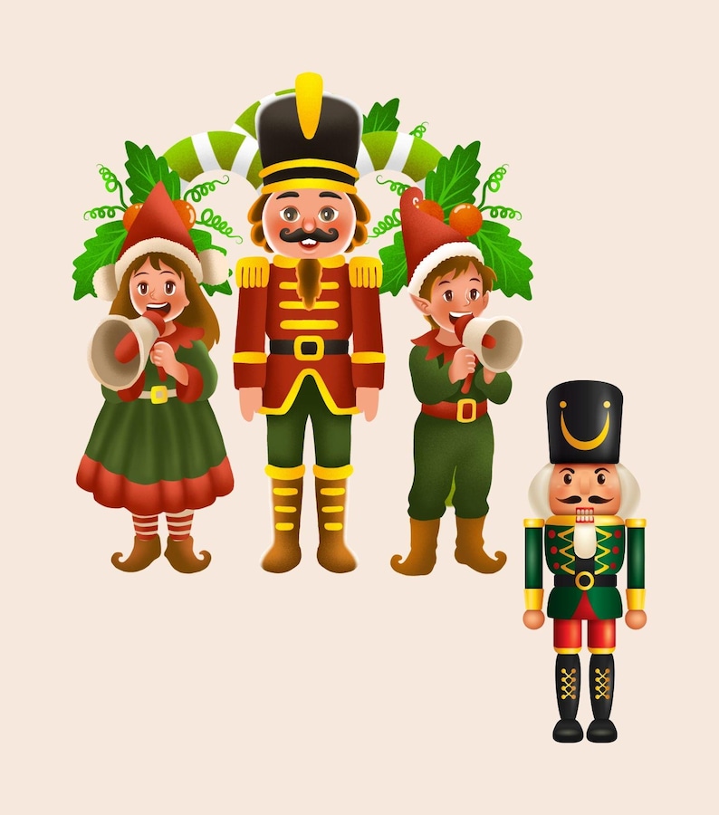 K&ouml;nnte beinhalten: Illustration von vier Weihnachts-Nussknackern. Die zentrale Figur ist ein gro&szlig;er Nussknacker in roter und goldener Uniform, flankiert von zwei Figuren in gr&uuml;nen und roten Elfenkost&uuml;men, die Megaphone halten. Rechts steht ein kleinerer Nussknacker.