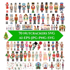 以下が含まれることがあります： 赤、青、緑、金など、さまざまなスタイルと色でデザインされた70個のくるみ割り人形のコレクション。画像には「70 NUTCRACKERS SVG AI-EPS-JPG-PNG-SVG」というテキストが含まれています。
