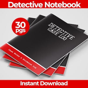 Może przedstawiać: Stos czarnych i czerwonych notatników detektywistycznych z białym tekstem o treści Detective Case Log oraz Case Notes & Evidence Log. Czerwona okrągła odznaka na okładce wskazuje 30 pgs. Górny baner zawiera napis Detective Notebook, a dolny Instant Download.