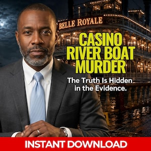 Puede incluir: Un hombre con traje gris y corbata azul claro es el foco. El fondo muestra un barco fluvial con el texto "CASINO RIVER BOAT MURDER" y "The Truth Is Hidden in the Evidence."