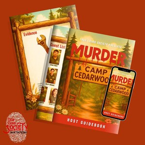 May include: A collection of illustrated books and a smartphone displaying a "Murder at Camp Cedarwood" theme. The books include "Evidence" and a "Guest List", with the title "Murder" in large red letters. The background features a forest scene.