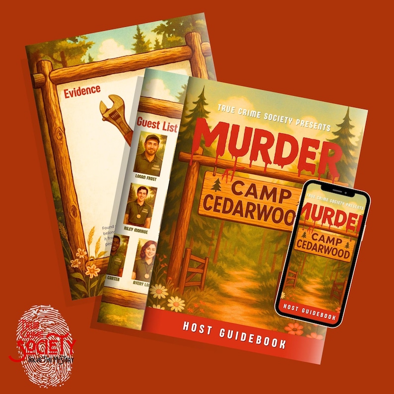 May include: A collection of illustrated books and a smartphone displaying a "Murder at Camp Cedarwood" theme. The books include "Evidence" and a "Guest List", with the title "Murder" in large red letters. The background features a forest scene.