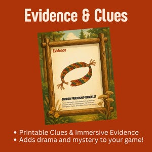 May include: A framed game card with the text "Evidence & Clues." The card features a drawing of a broken friendship bracelet. Text on the card reads "BROKEN FRIENDSHIP BRACELET." The card is set against a forest backdrop.