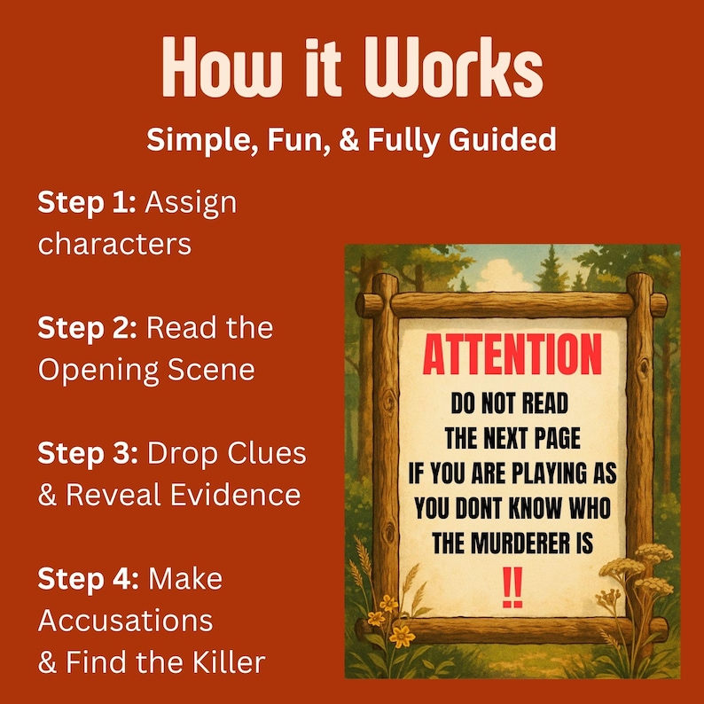 May include: An orange background with white text that reads "How it Works" and the steps to play a game. A wooden sign with the word "ATTENTION" and a warning about reading ahead is on the right.