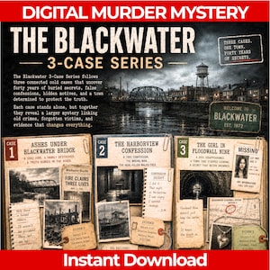 May include: A digital murder mystery game titled The Blackwater 3-Case Series. The image features a dark, moody landscape of a bridge and town, with three distinct case files containing documents, photos, evidence tags, and handwritten notes.