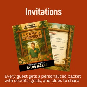 May include: Two invitation cards with a murder mystery theme. The front card features a man in a green shirt under a wooden sign that reads "Camp Cedarwood." The text "Your Character Dylan Marks" is below. The second card shows character details.