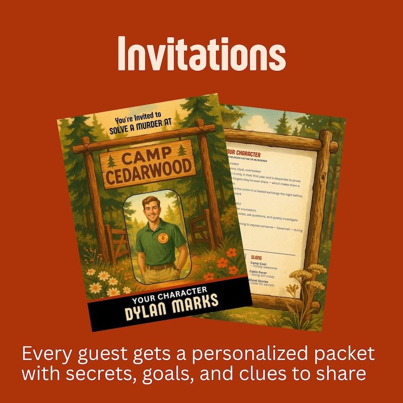 May include: Two invitation cards with a murder mystery theme. The front card features a man in a green shirt under a wooden sign that reads "Camp Cedarwood." The text "Your Character Dylan Marks" is below. The second card shows character details.
