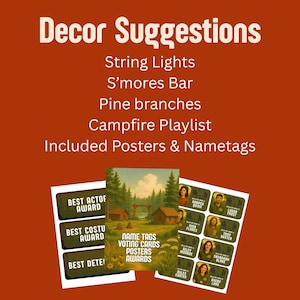 May include: An orange background with the text "Decor Suggestions" and a list of items. Below are name tags, voting cards, posters, and awards. The image also includes a landscape poster and award labels.