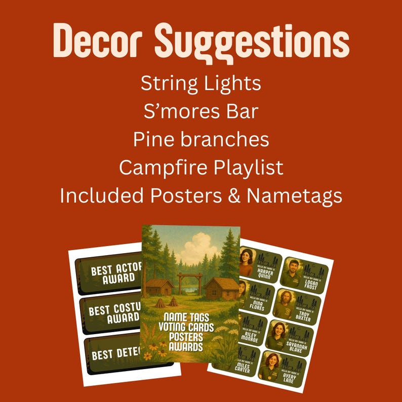 May include: An orange background with the text "Decor Suggestions" and a list of items. Below are name tags, voting cards, posters, and awards. The image also includes a landscape poster and award labels.