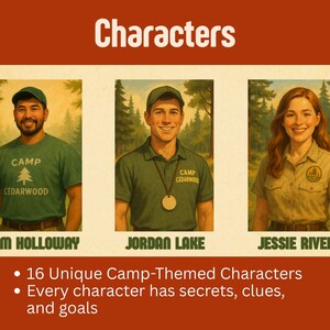May include: Image featuring three camp-themed characters: M. Holloway, Jordan Lake, and Jessie River. Each character is smiling and wearing camp attire. The image includes the text "Characters" and bullet points listing 16 unique characters with secrets, clues, and goals.