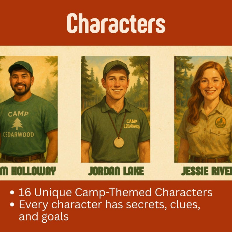 May include: Image featuring three camp-themed characters: M. Holloway, Jordan Lake, and Jessie River. Each character is smiling and wearing camp attire. The image includes the text "Characters" and bullet points listing 16 unique characters with secrets, clues, and goals.