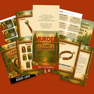 May include: A collection of printed materials for a murder mystery game, including a host guidebook, evidence cards, guest list, and thank you note. The game is themed around "Camp Cedarwood" with a forest and wooden sign design.
